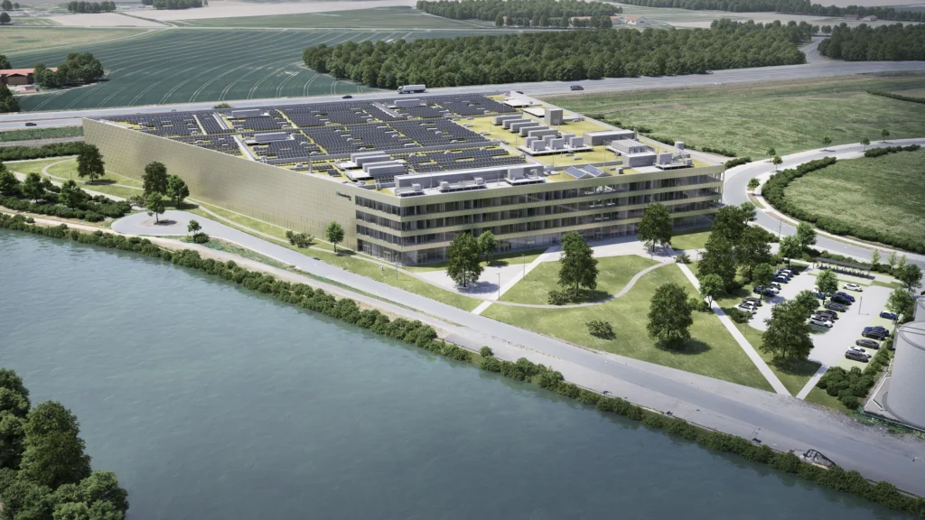 aerial view of the Forschungsfertigungsgebäude Batterie (FFB), a Gigafactory dedicated to battery research in Münster, Germany.